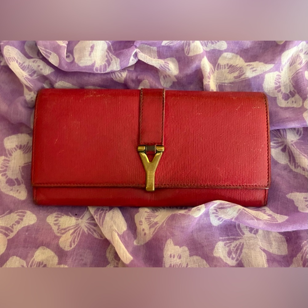 Yves Saint Laurent Red Leather Y-Logo Continental Wallet